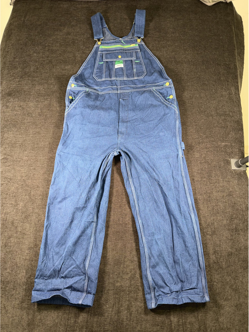 Liberty Classic Blue Denim Overalls with Green Accents, 38x28